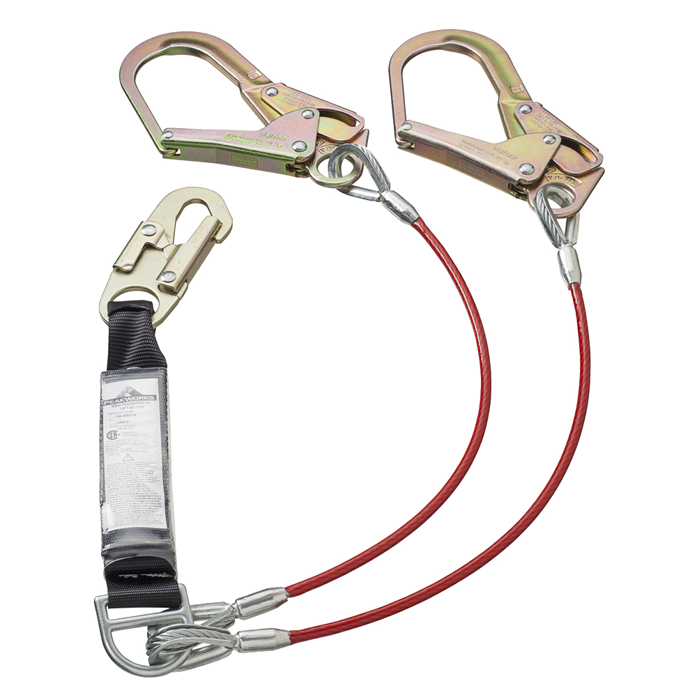 PEAKWORKS E4 Shock Absorbing Lanyard - SP - Twin Leg - Galv. Cable - Snap & Form Hooks - 6' (1.8 M)