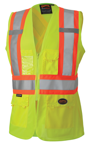Women's Safety Vest In Yellow, Tricot Polyester Interlock & Front Zipper