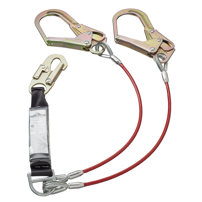 PEAKWORKS E4 Shock Absorbing Lanyard - SP - Twin Leg - Galv. Cable - Snap & Form Hooks - 6' (1.8 M)